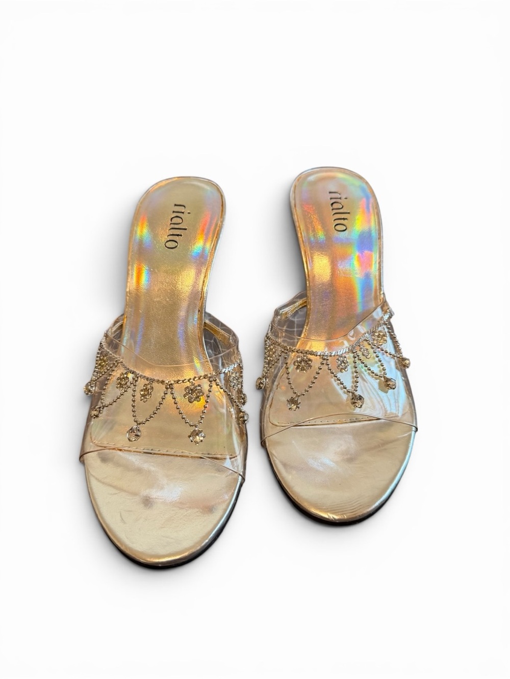 Rialto Rhinestone Clear Strap Mule Heels 7 Holographic footbed